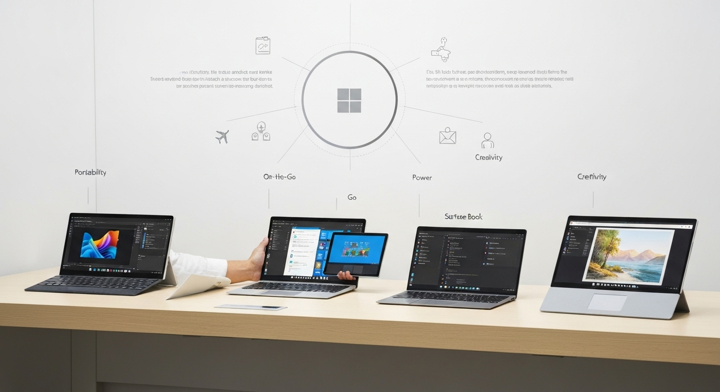 Hình ảnh so sánh các dòng sản phẩm Surface: Pro, Laptop, Go, Book, Studio.