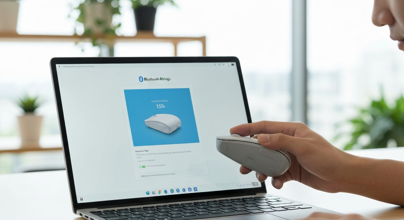 Hình ảnh minh họa người dùng đang kiểm tra pin của chuột Surface và trạng thái kết nối Bluetooth.