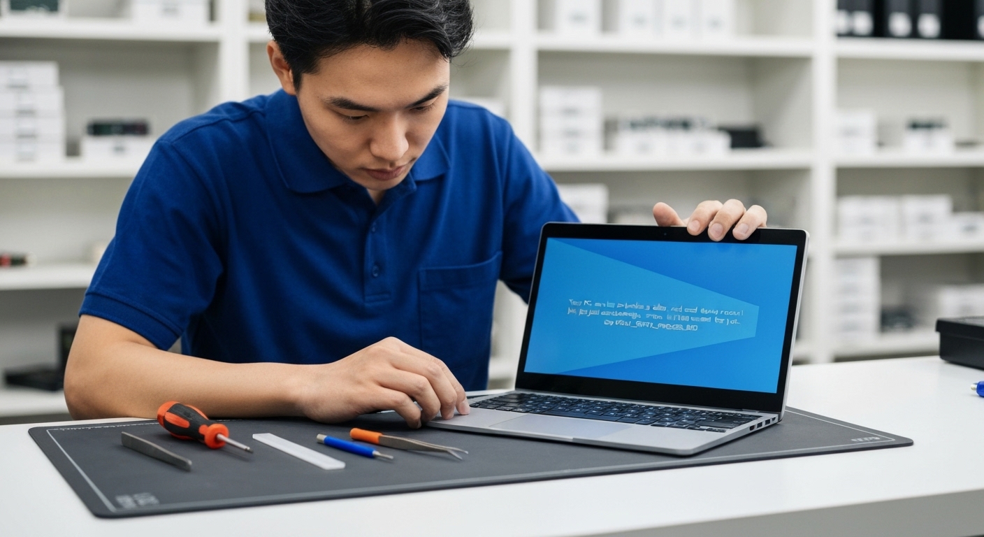 Giải Pháp Toàn Diện Khi Surface Bị Lỗi Hệ Thống : Từ Chẩn Đoán Đến Sửa Chữa Chuyên Nghiệp 10 Hình ảnh kỹ thuật viên chuyên nghiệp đang kiểm tra và sửa chữa máy tính Surface
