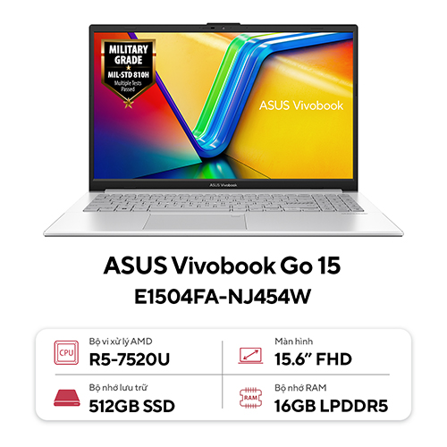 Laptop Asus Vivobook Go 15 E1504FA-NJ454W (Ryzen™ 5-7520U | 16GB | 512GB | AMD Radeon™ Graphics | 15.6 inch FHD | Win 11 | Bạc)