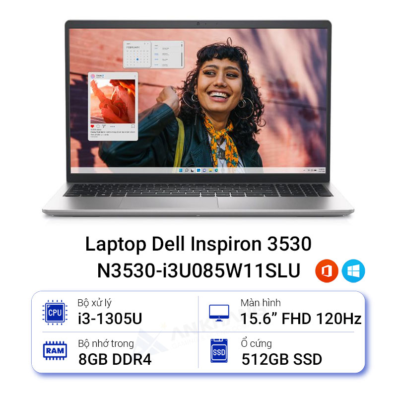 Laptop Dell Inspiron 15 3530 N3530 - i3U085W11SLU (Core i3-1305U | 8GB | 512GB | Intel UHD | 15.6 inch FHD | Win 11 | Office | Bạc)