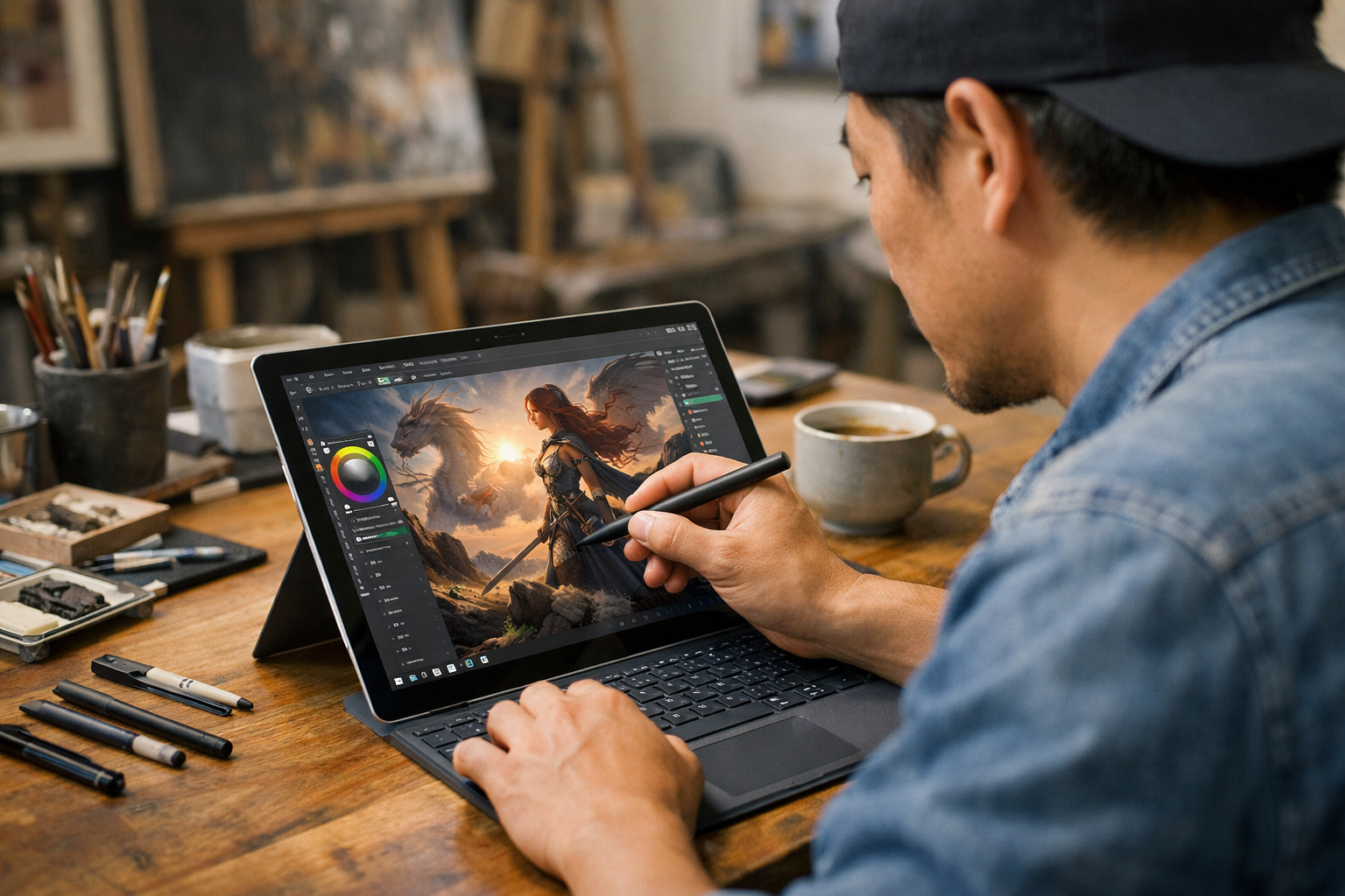Họa sĩ chuyên nghiệp đang hoàn thiện tác phẩm đồ họa nghệ thuật trên thiết bị Surface Pro