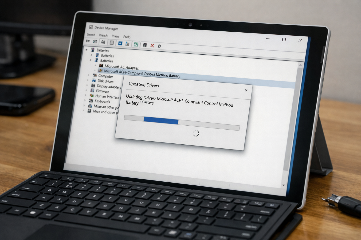 Sửa sạc Surface Pro 4 không vào điện: Cách xử lý triệt để 8 Giao diện Device Manager trên Surface Pro 4 khi đang cập nhật driver quản lý pin