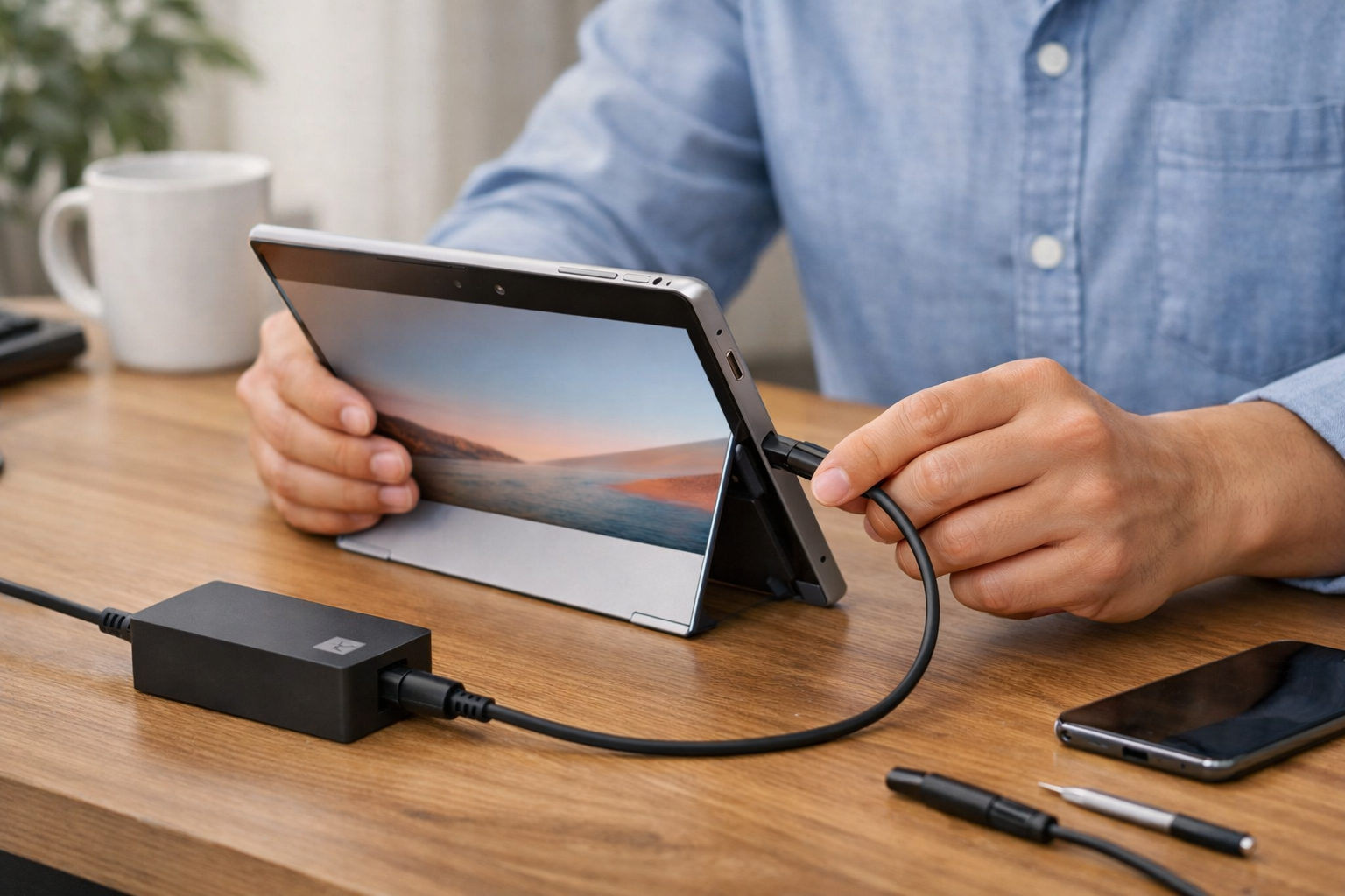 Người dùng đang sử dụng sạc Surface chính hãng để bảo vệ tuổi thọ pin