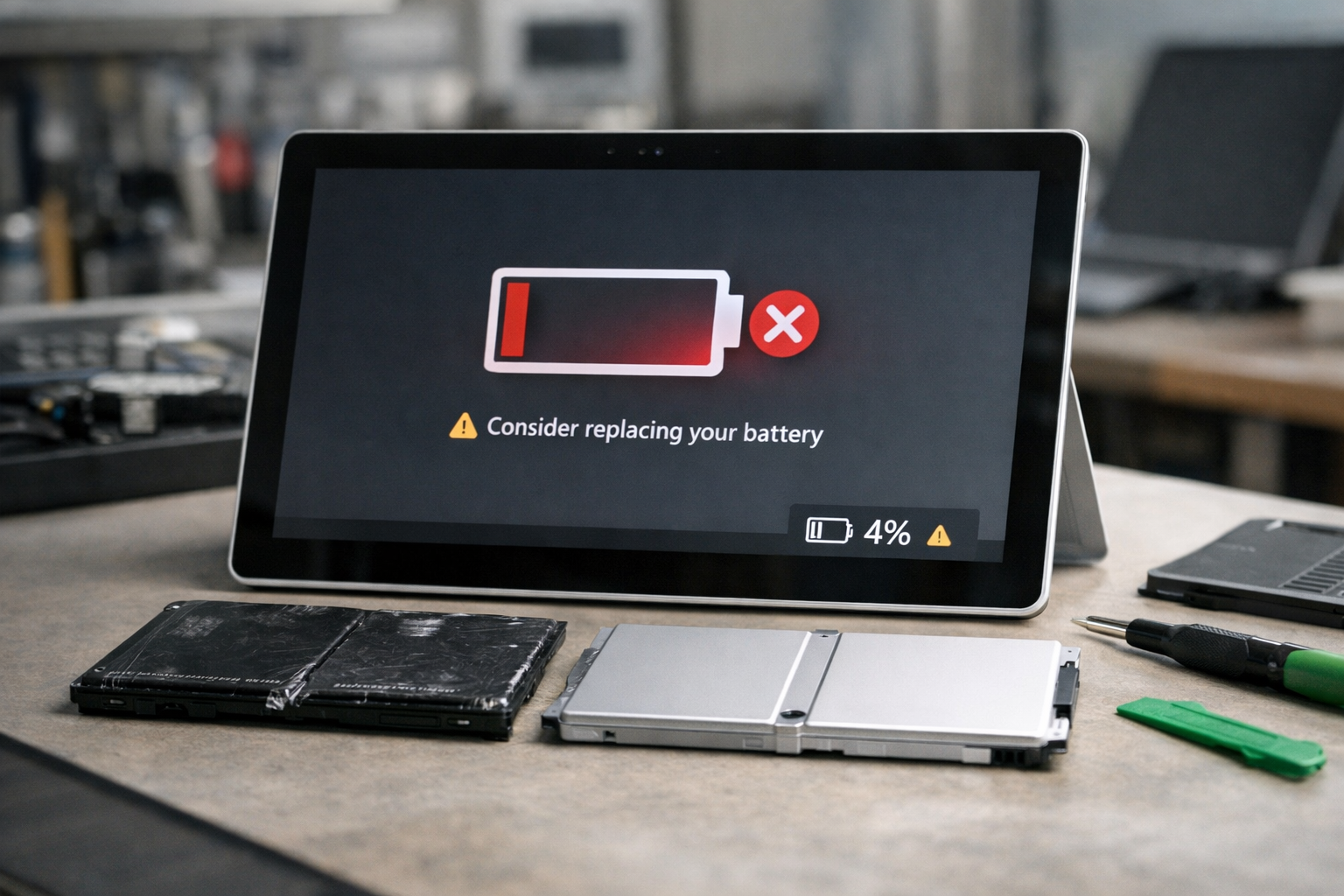 Màn hình Surface Go 2 hiển thị thông báo pin yếu và cần bảo trì