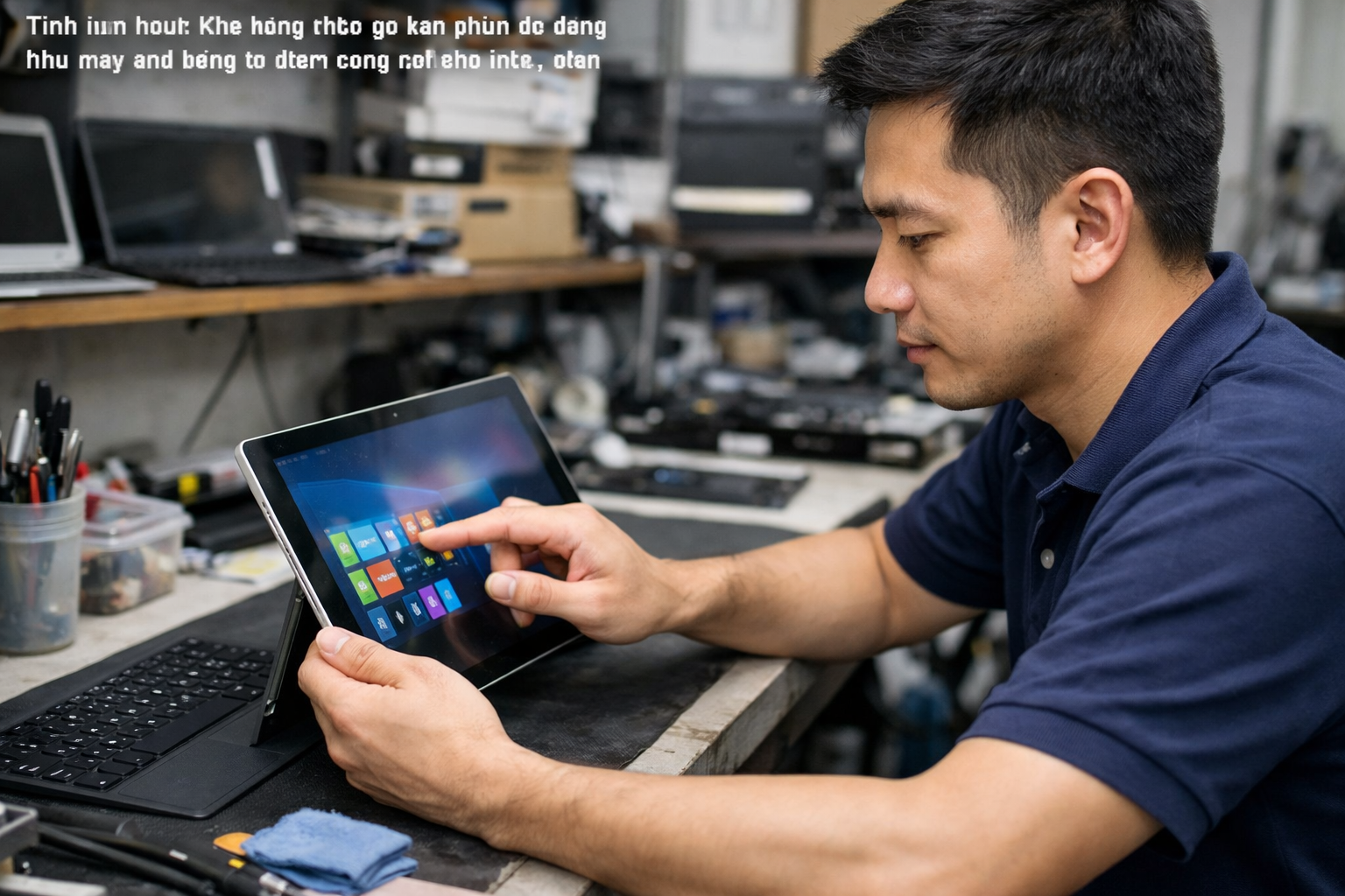 Kỹ thuật viên đang kiểm tra màn hình cảm ứng của một chiếc Surface Pro cũ