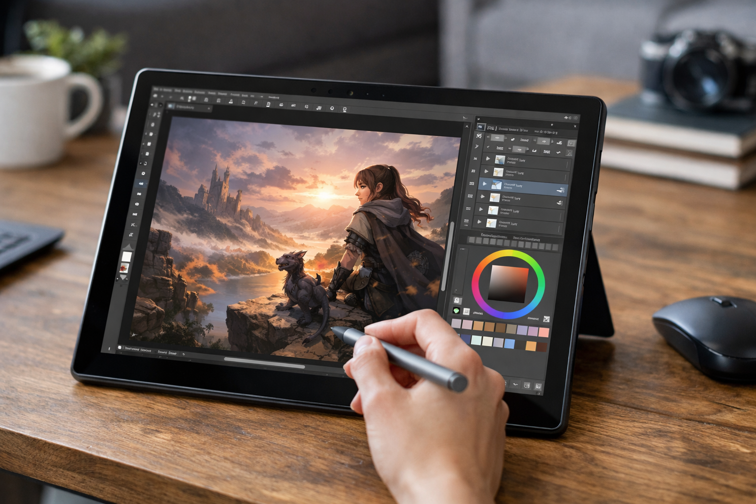 Giao diện phần mềm vẽ Clip Studio Paint hiển thị các layer và bảng màu trên máy tính Surface
