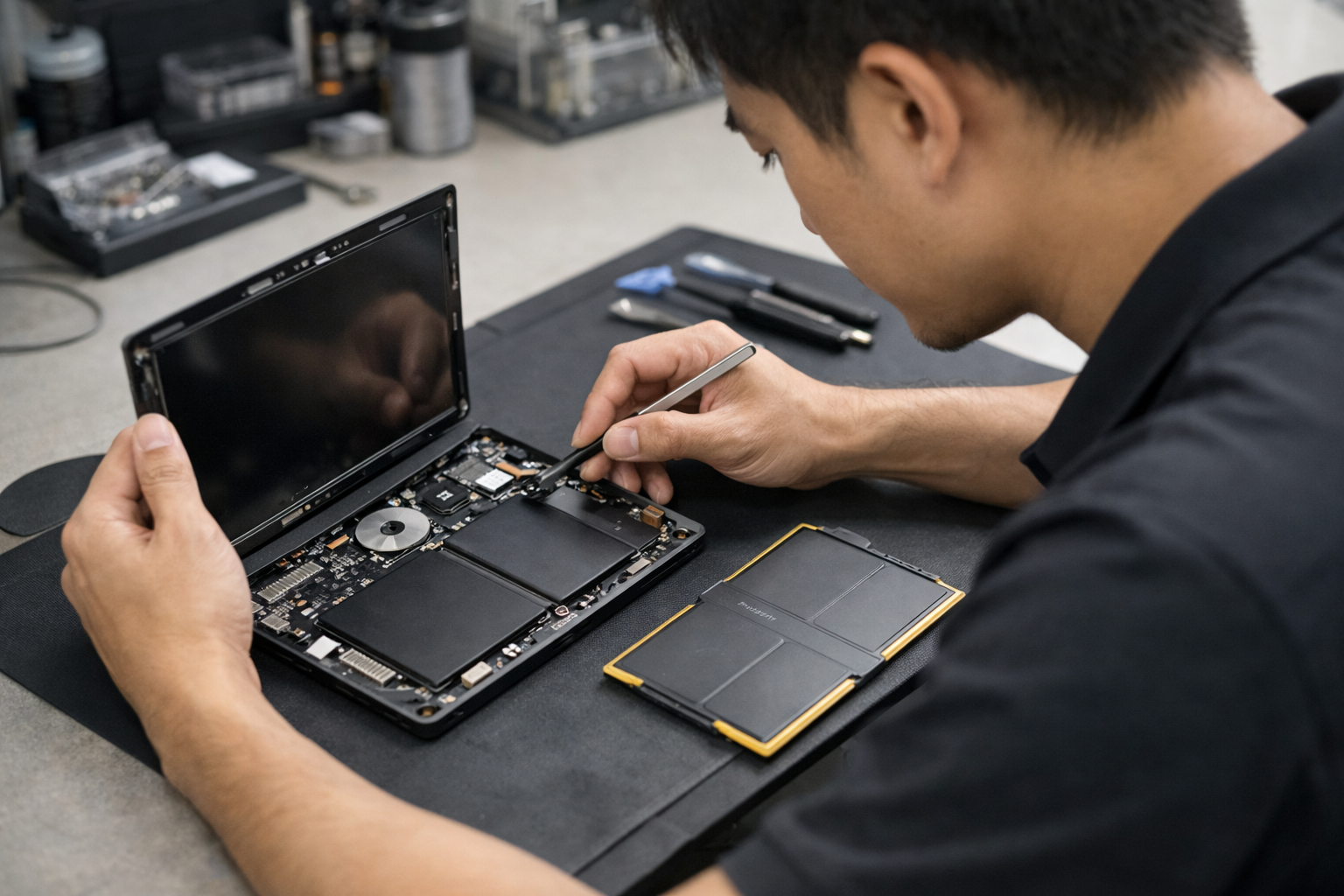 Kỹ thuật viên khéo léo tháo màn hình Surface Go 2 để thay pin mới