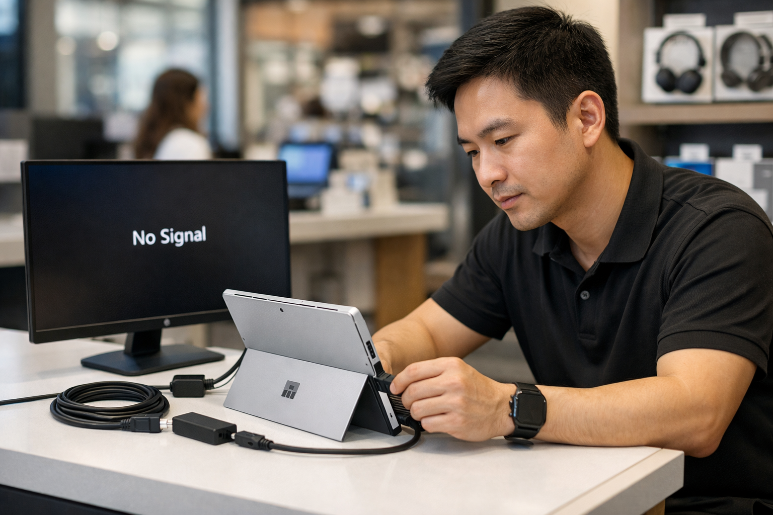 Kỹ thuật viên đang kiểm tra lỗi kết nối màn hình trên thiết bị Surface tại cửa hàng