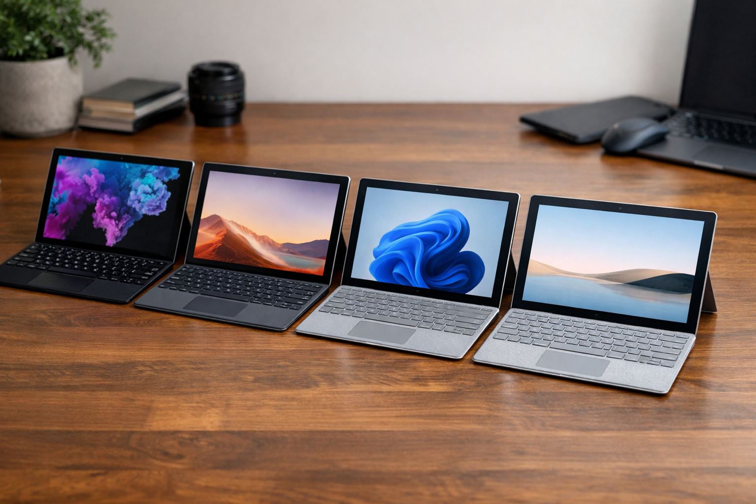 Các dòng Surface Pro từ đời 6 đến đời 9 xếp cạnh nhau để so sánh
