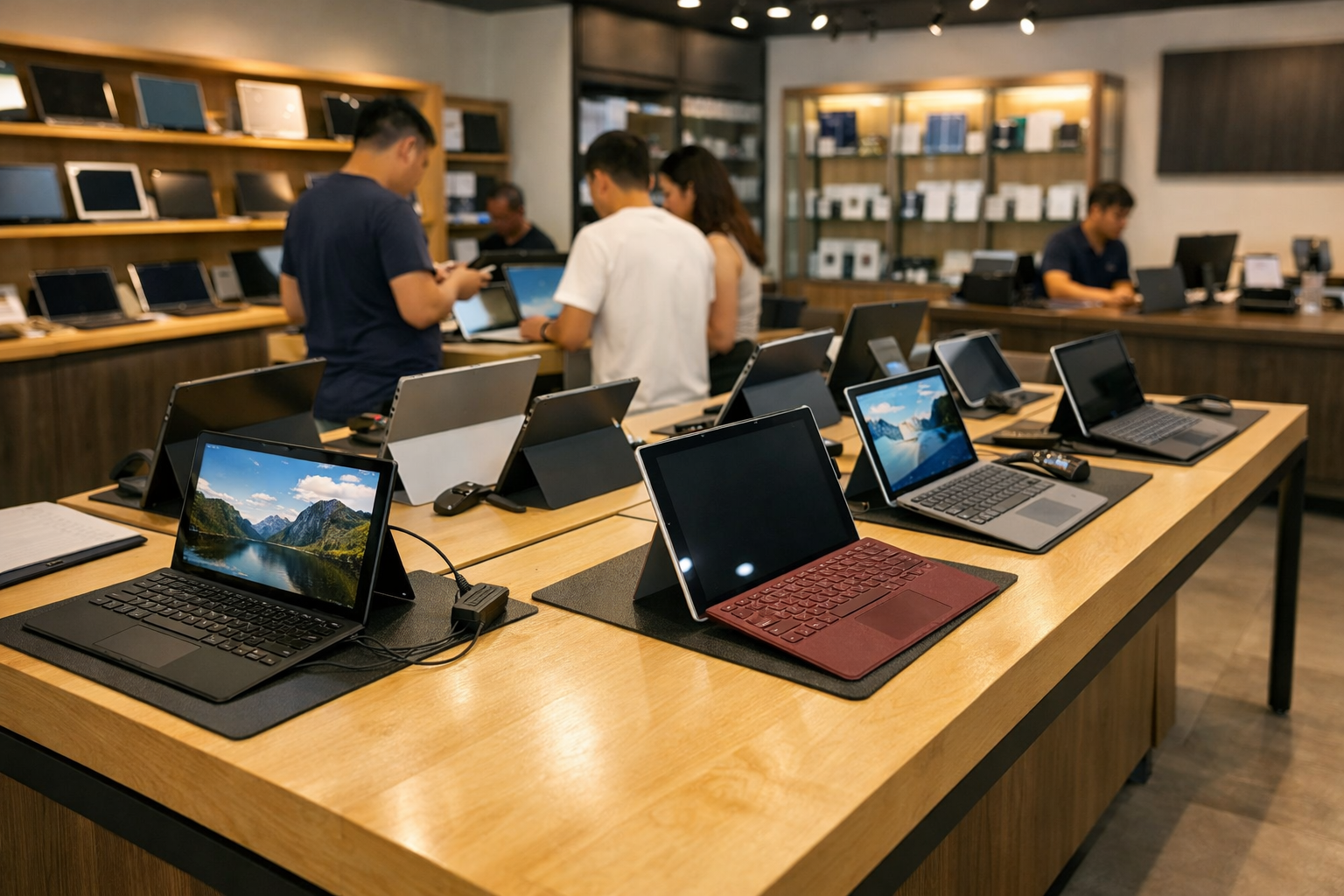 Không gian bên trong cửa hàng Surface Plus với nhiều dòng máy Surface cũ trưng bày