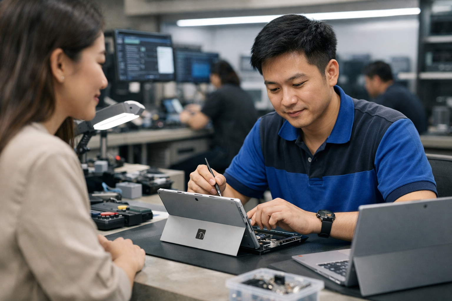 Kỹ thuật viên tại Computer Plus đang kiểm tra và bảo trì máy tính Surface cho khách hàng