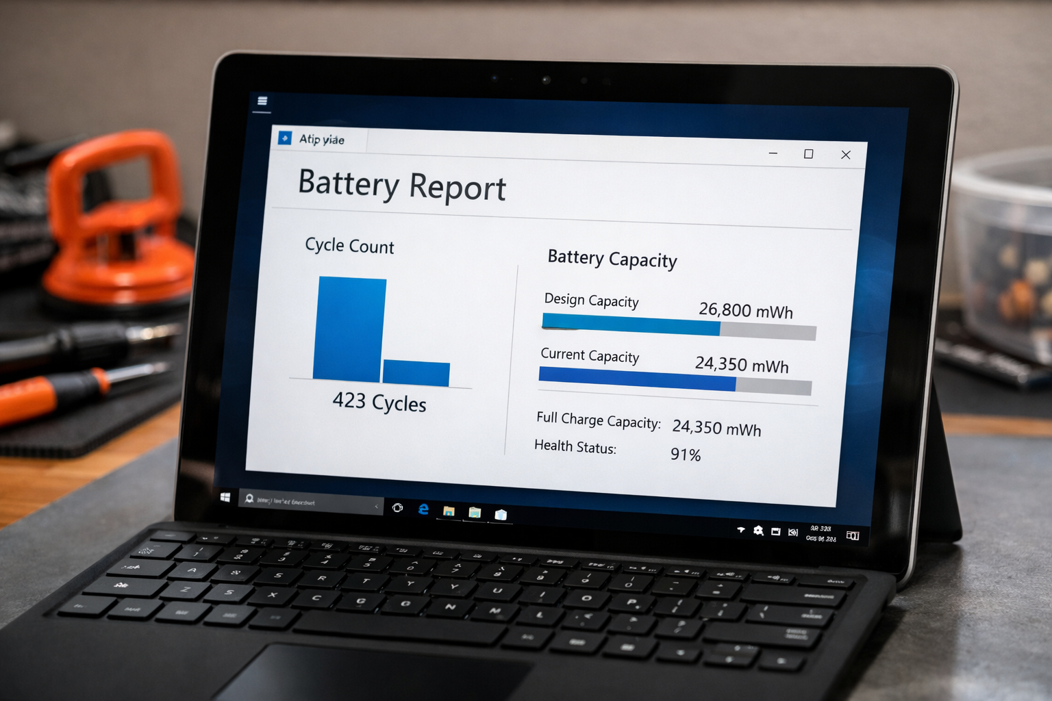 Professional thay pin surface go 1: Expert Battery Services 8 A Windows screen displaying a detailed battery health report with cycle counts and capacity metrics
