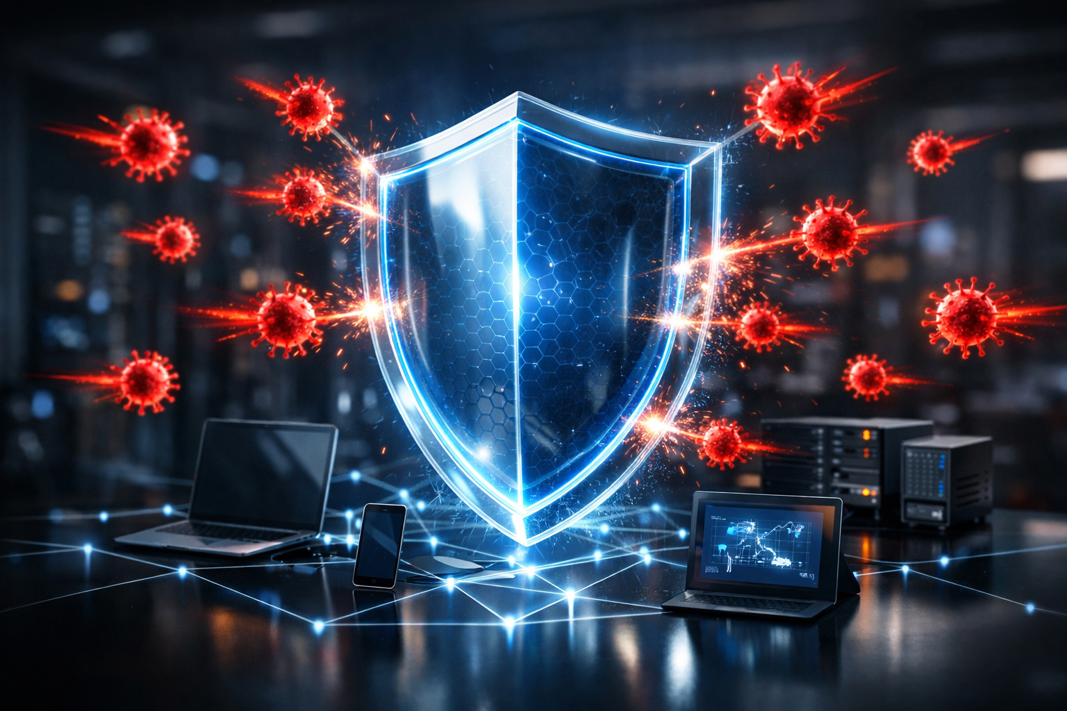 Microsoft Ignite 2026: The Future of AI and Cloud Innovation 9 A conceptual digital shield protecting a network of connected devices from glowing red virus icons