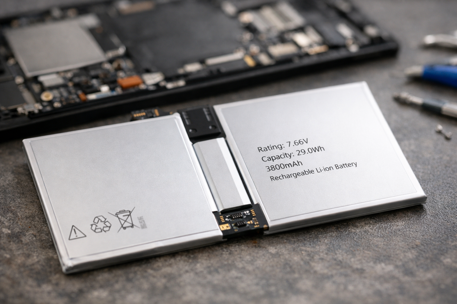 Close up of a genuine replacement battery for a Surface Go 4 showing technical specifications