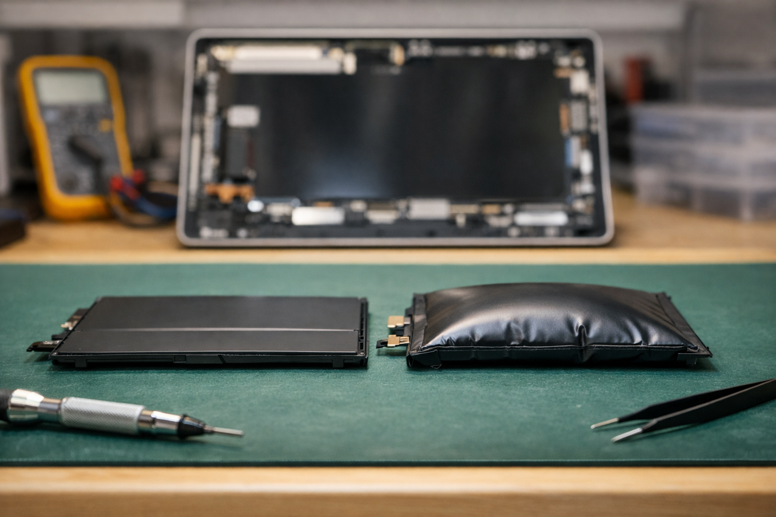 Professional thay pin surface go 1: Expert Battery Services 7 Comparison between a healthy flat lithium-ion battery and a dangerously swollen Surface Go battery