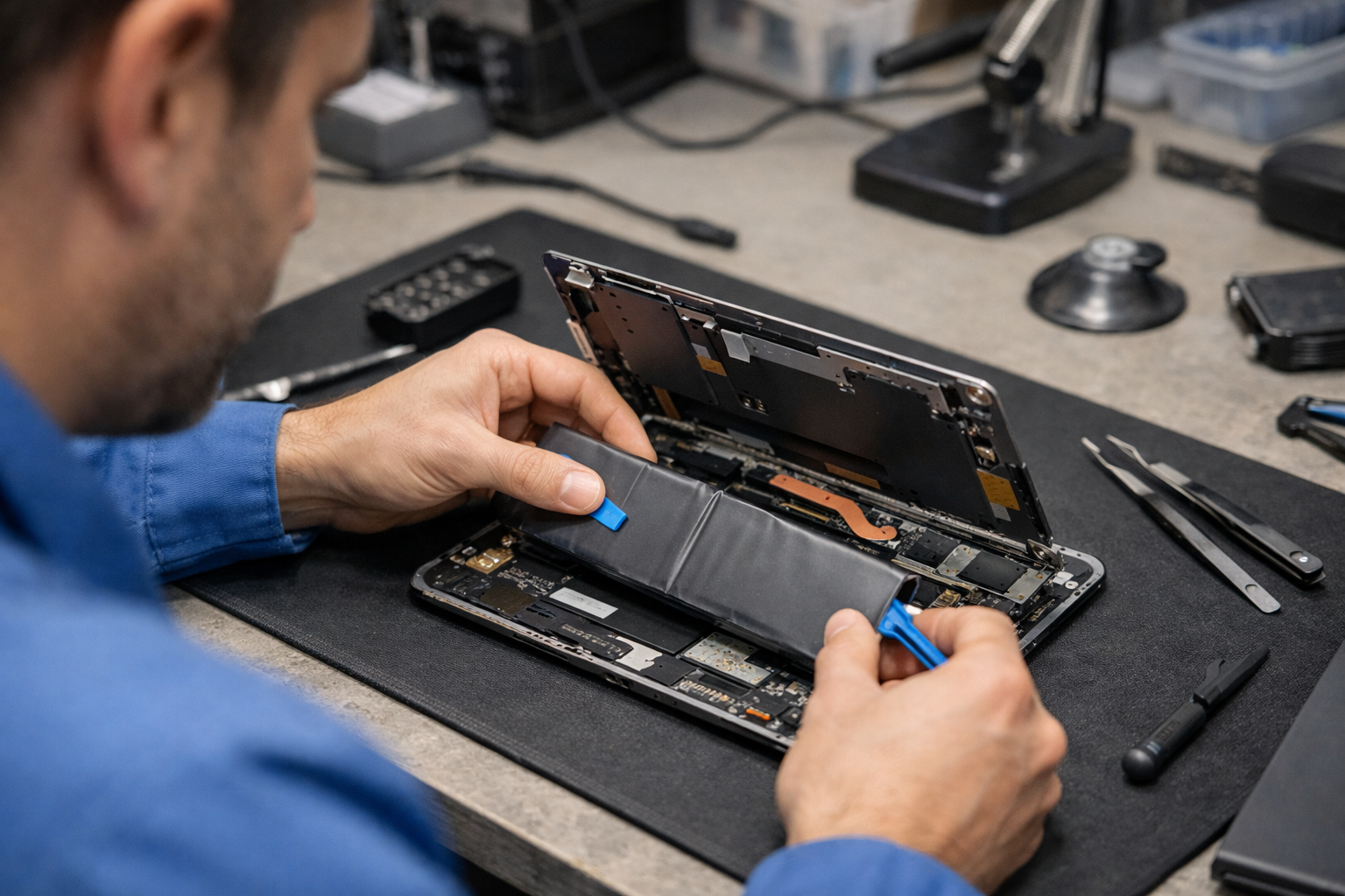 A professional technician using specialized tools to open a Surface Go device for repair