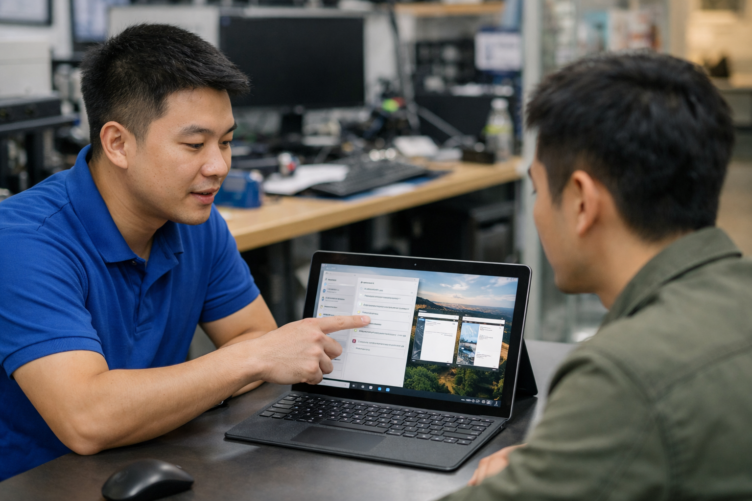 Kỹ thuật viên tại Computer Plus đang kiểm tra cài đặt phần mềm trên máy Surface cho khách hàng