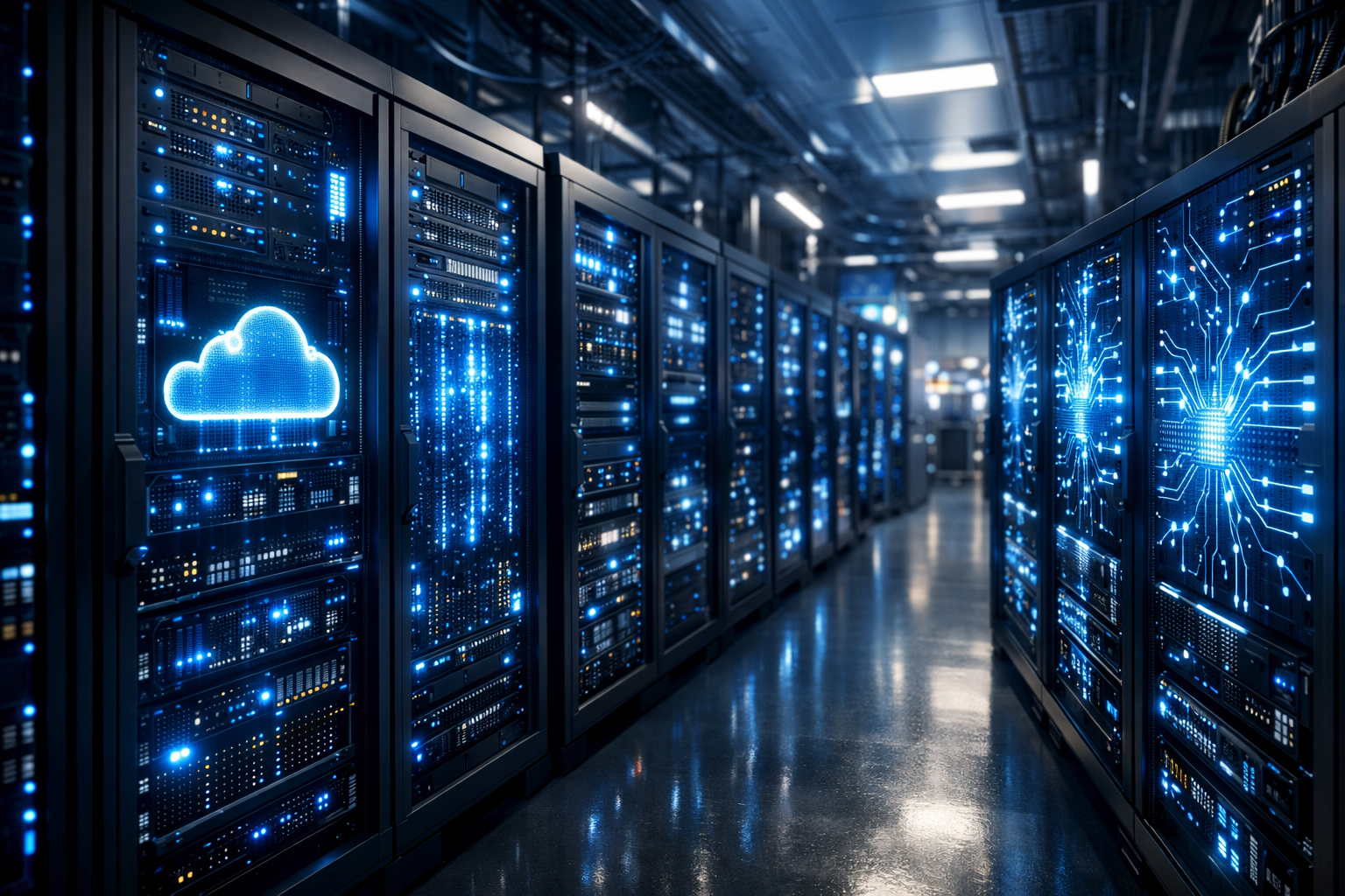 Microsoft Ignite 2026: The Future of AI and Cloud Innovation 7 A modern server room with glowing blue lights representing Azure cloud infrastructure and AI processing units