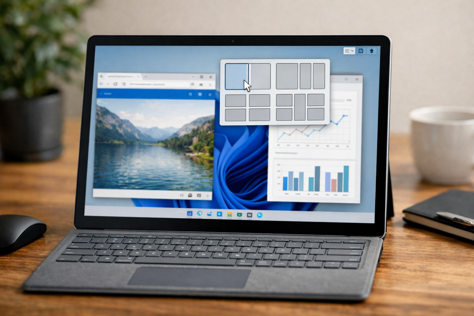 Giao diện tính năng Snap Layouts trên Windows 11 hiển thị các tùy chọn chia màn hình khác nhau