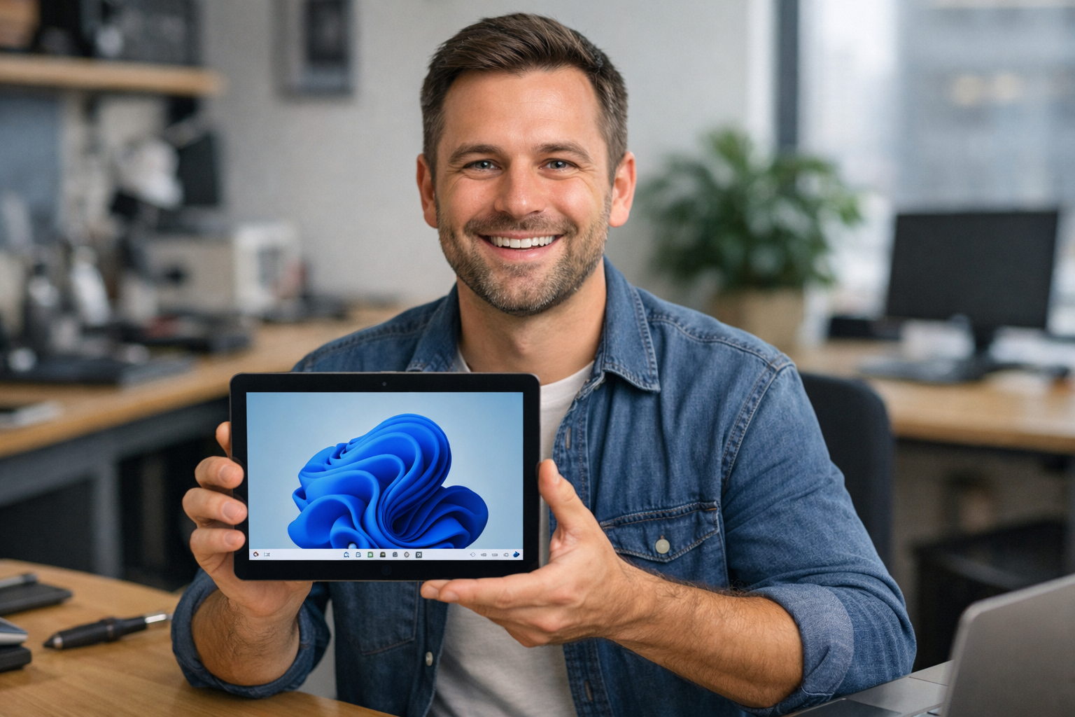A satisfied customer holding their repaired Surface Go 4 tablet in a modern office setting
