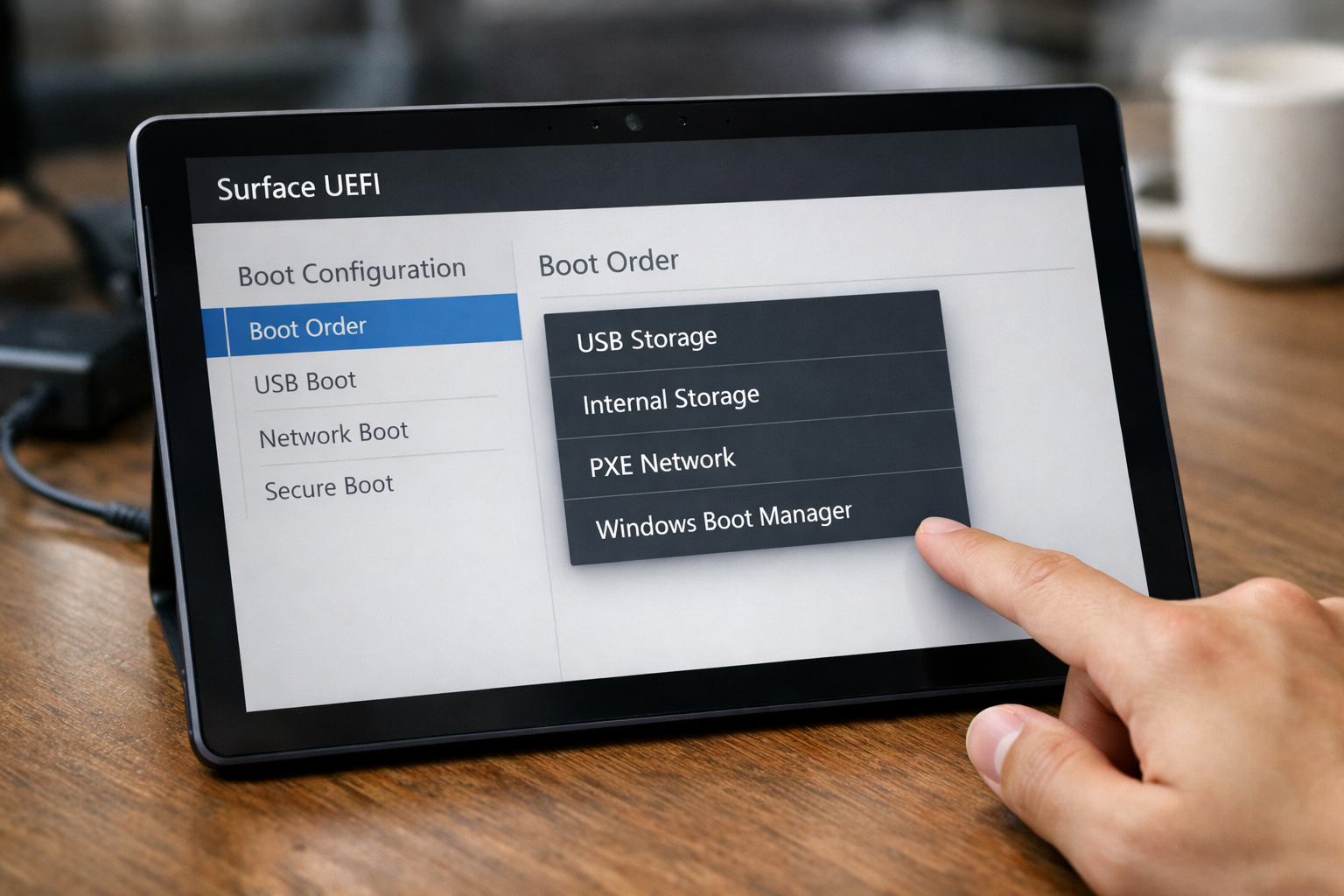 Giao diện Surface UEFI hiển thị các tùy chọn cấu hình hệ thống trên màn hình cảm ứng