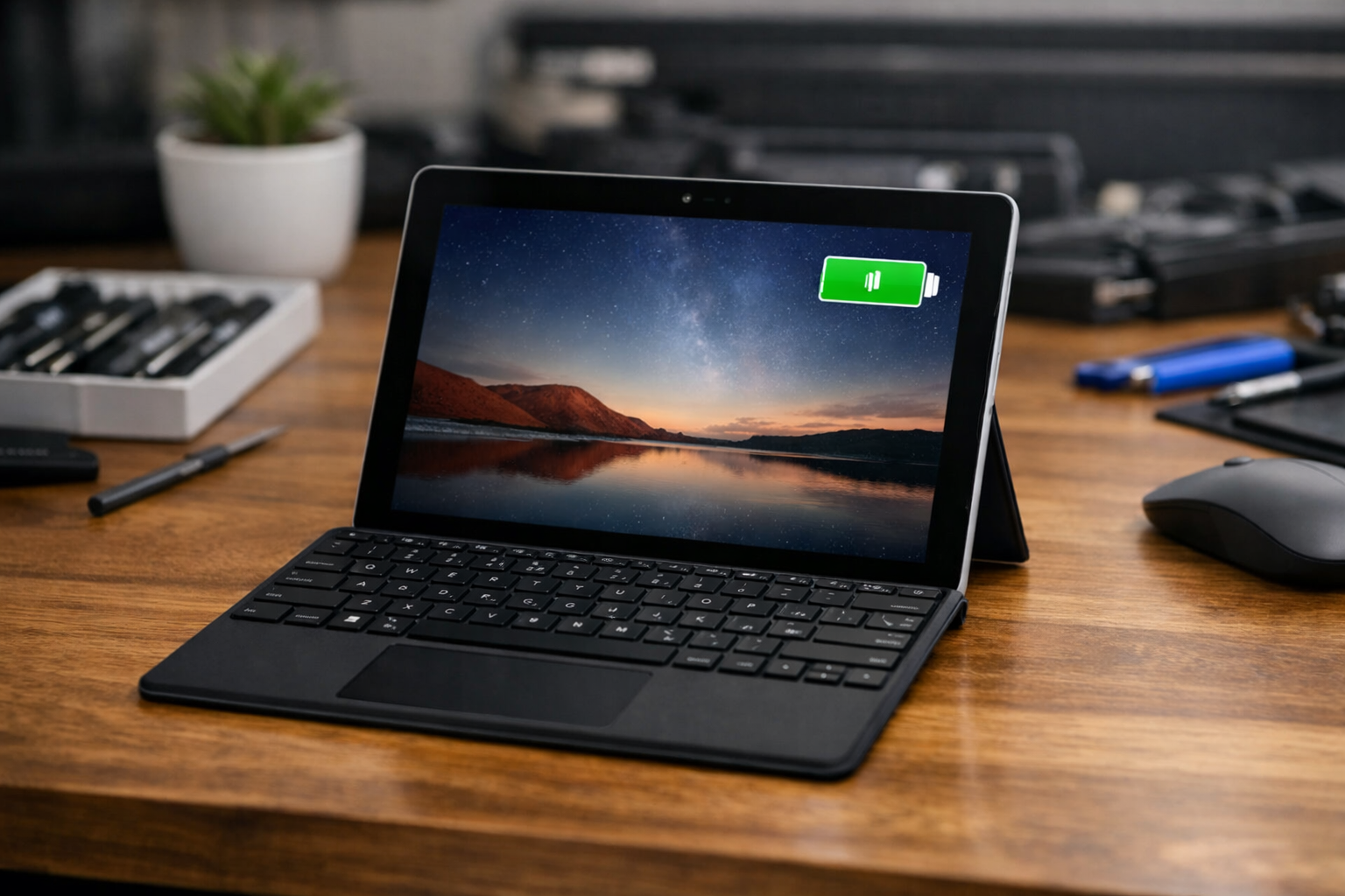 Professional thay pin surface go 1: Expert Battery Services 9 A fully repaired and functional Surface Go 1 sitting on a wooden desk showing a full charge