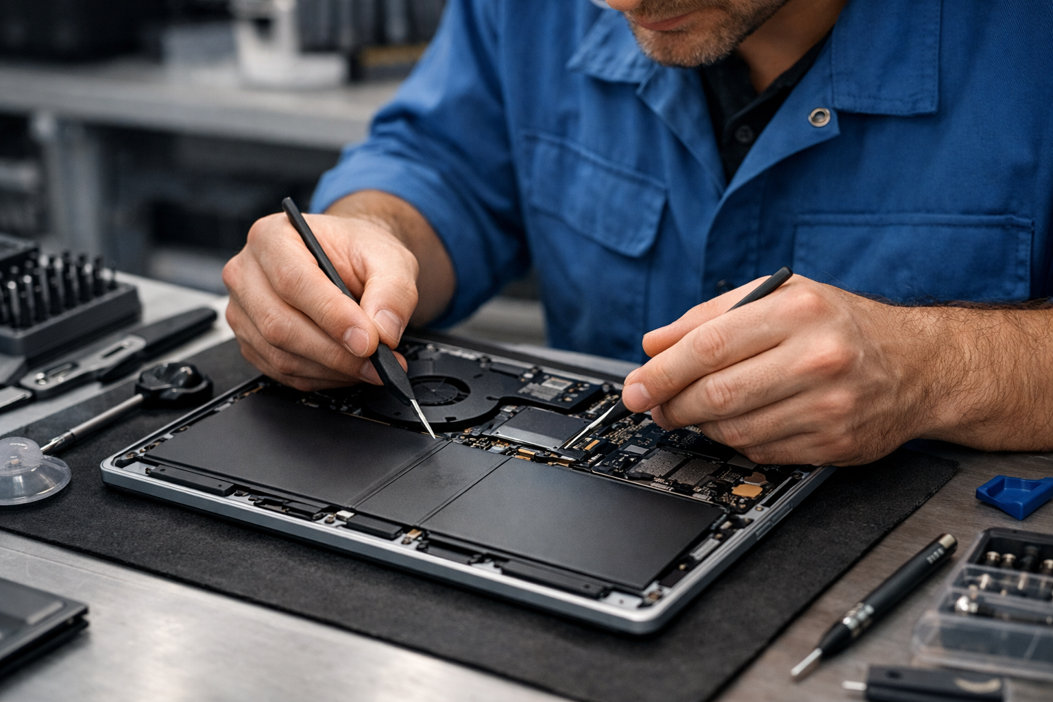 Professional technician using specialized tools to open a Surface Laptop 6 for repair