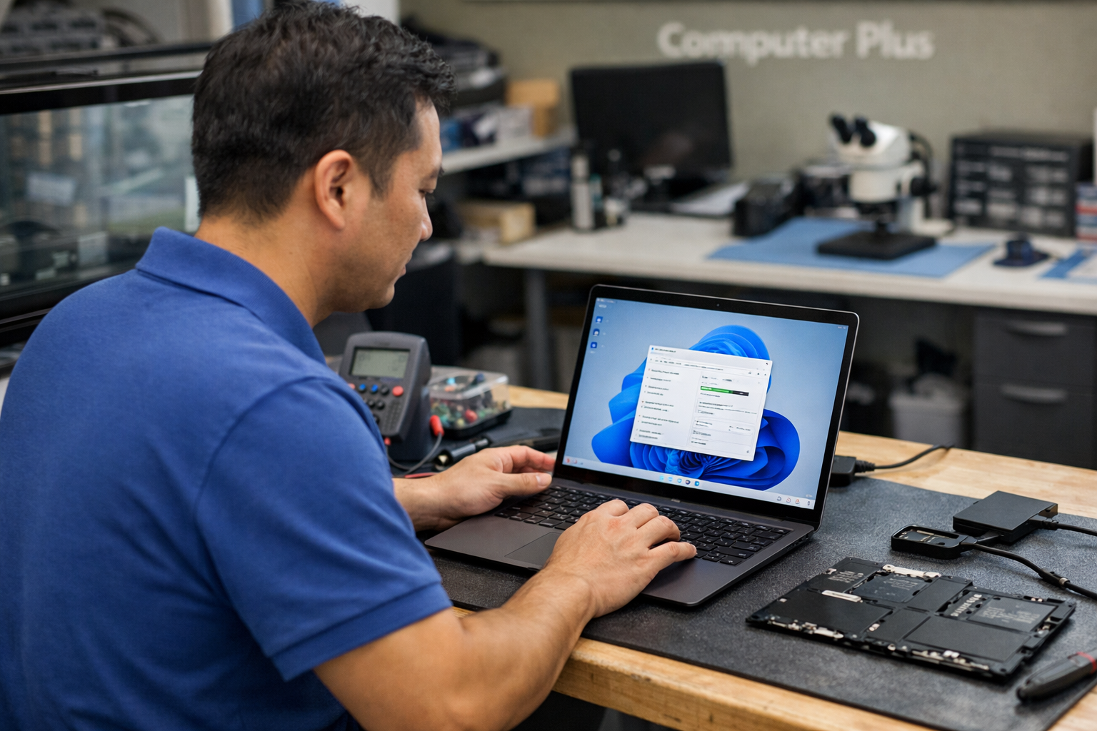 A technician at Computer Plus center testing a Surface laptop after battery service