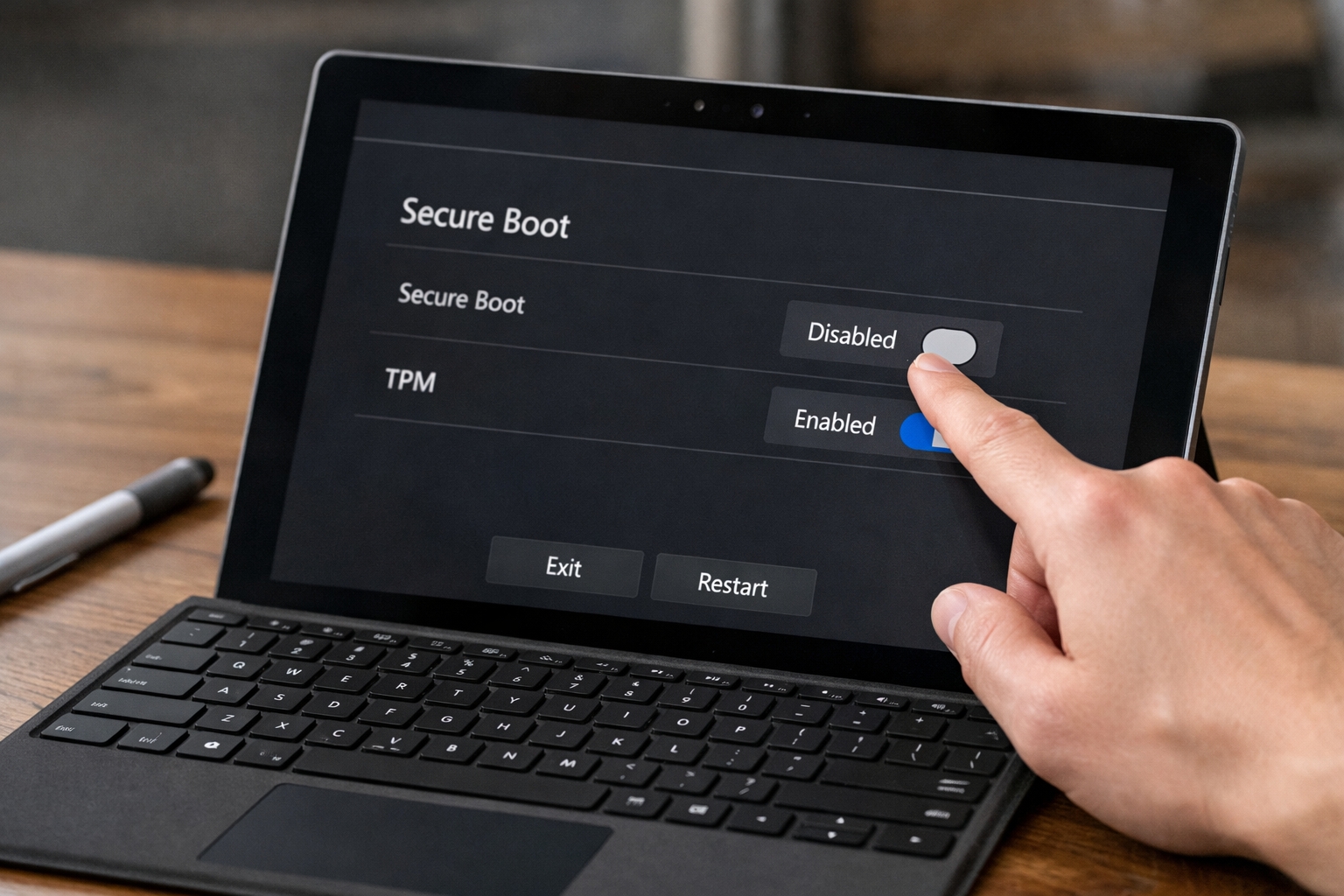 Các tùy chọn bảo mật trong menu UEFI của Surface như Secure Boot và TPM